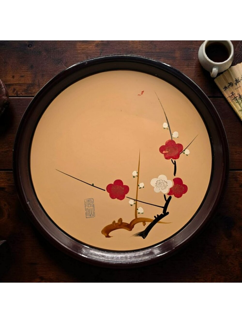 Vintage Japanese Lacquerware Tray Hand-Painted Cherry Blossom Design 10.75" Sign